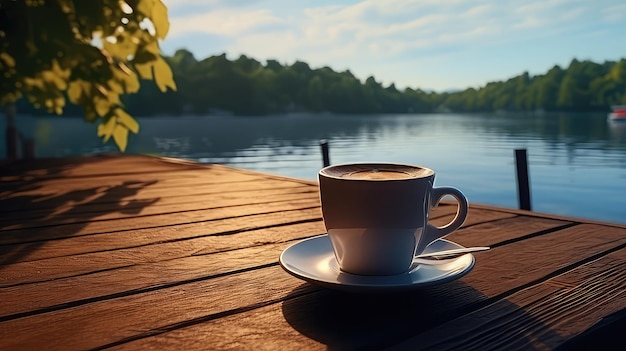 Foto una taza de café en la mesa de madera con hermosa vista al lago