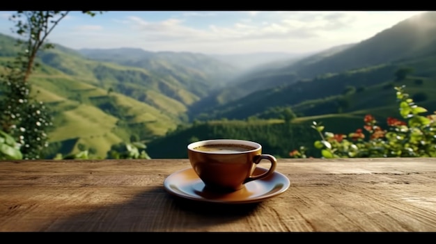 Una taza de café en una mesa de madera con un hermoso paisaje de fondo IA generativa