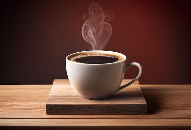 Taza de café en una mesa de madera con humo de fondo