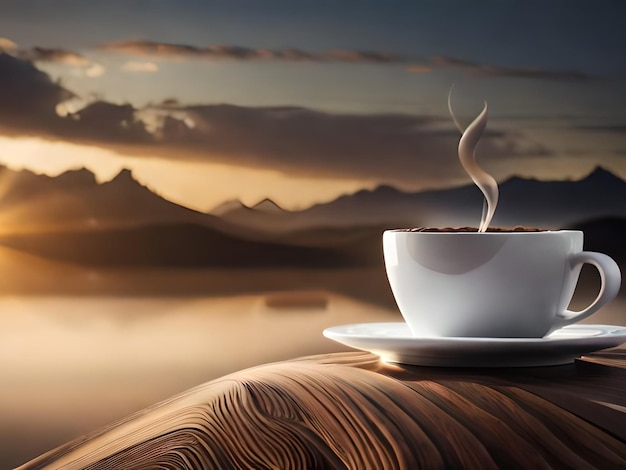 Una taza de café en una mesa de madera con montañas al fondo