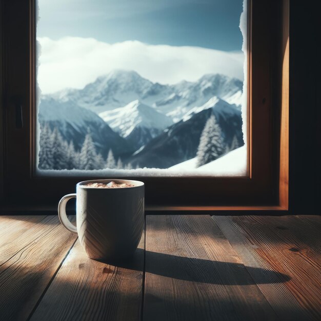 taza de café en la mesa de madera la nieve