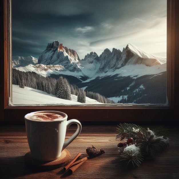 taza de café en la mesa de madera la nieve