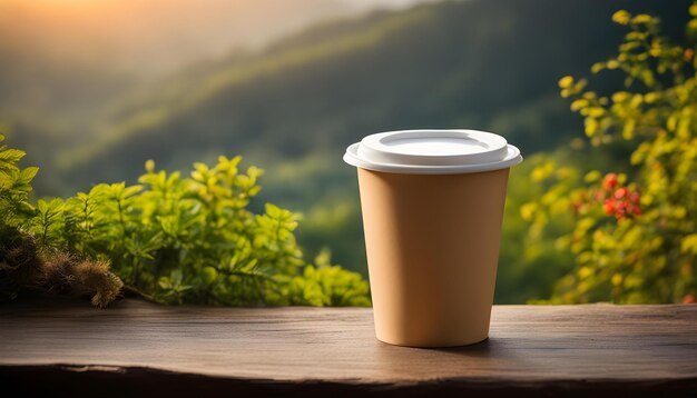 Foto una taza de café en una mesa de madera con una planta verde en el fondo