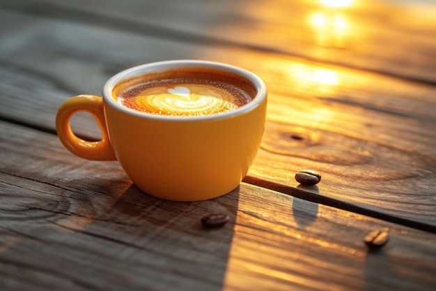 Una taza de café en una mesa de madera en la puesta de sol