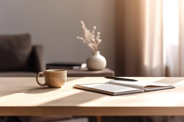 Taza de café en una mesa de madera en la sala de estar con IA generada