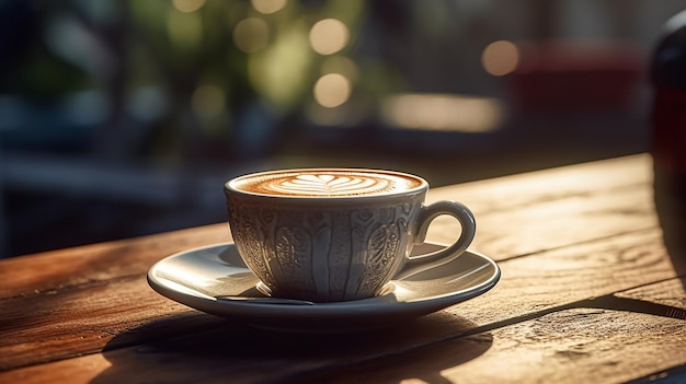 Una taza de café en una mesa de madera con el sol brillando sobre ella.