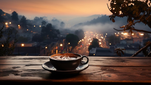 Taza de café en la mesa de madera el vapor se eleva el paisaje urbano de fondo