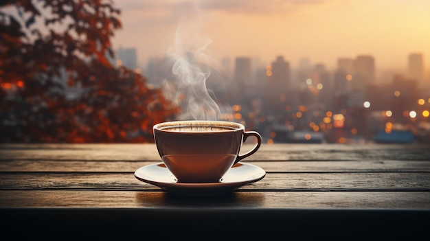 Taza de café en la mesa de madera el vapor se eleva el paisaje urbano de fondo