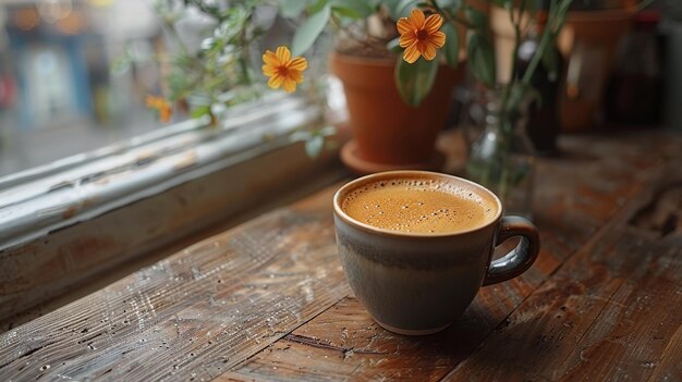 Una taza de café en una mesa de madera