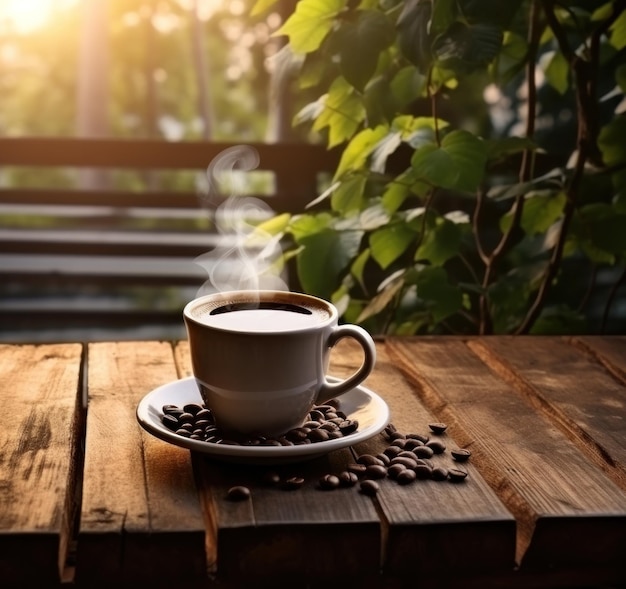 Taza de café en la mesa de madera