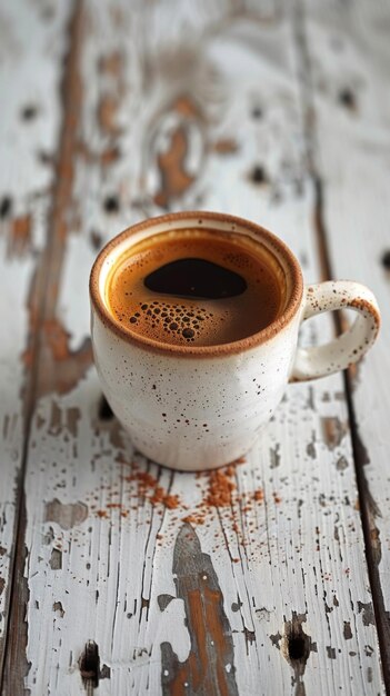 Una taza de café en una mesa de madera