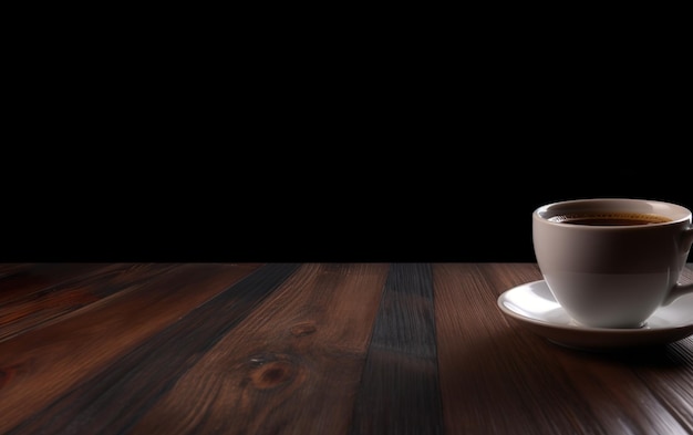 Una taza de café en una mesa de madera.