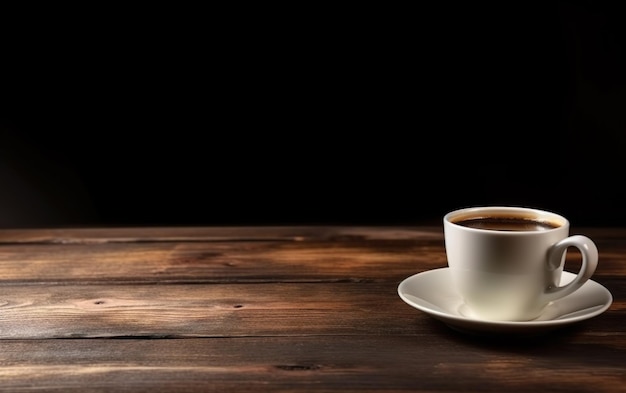 Una taza de café en una mesa de madera.