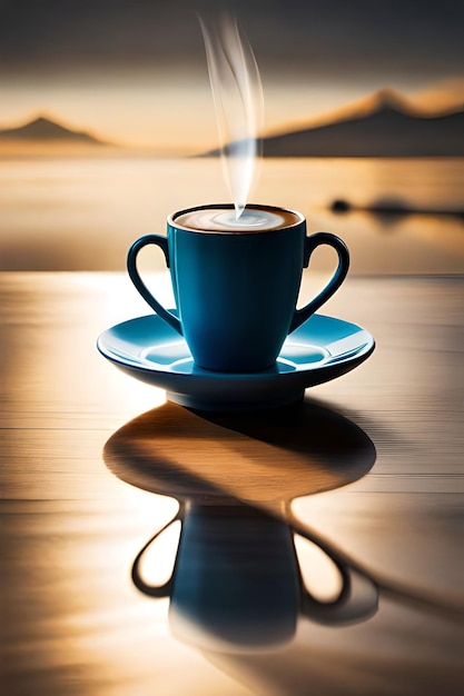 Una taza de café en una mesa de madera.