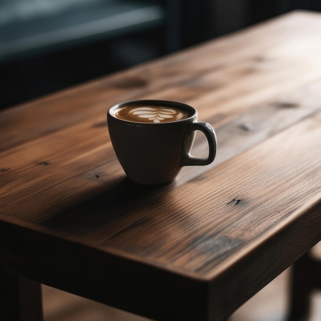 Una taza de café en una mesa de madera.