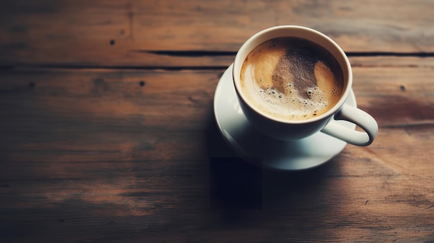 Una taza de café en una mesa de madera.