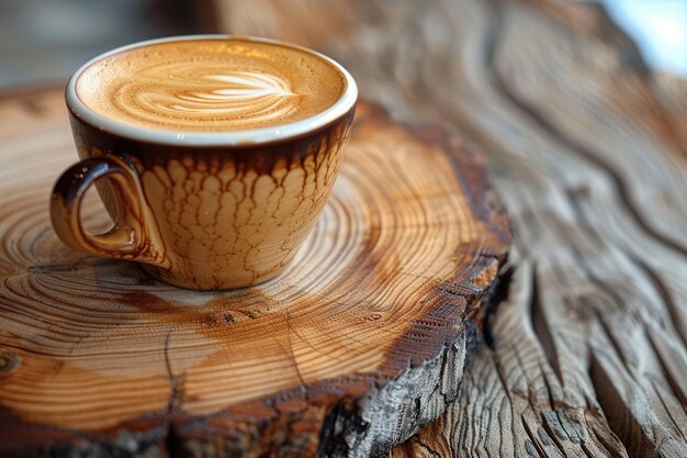 Una taza de café en una mesa de madera