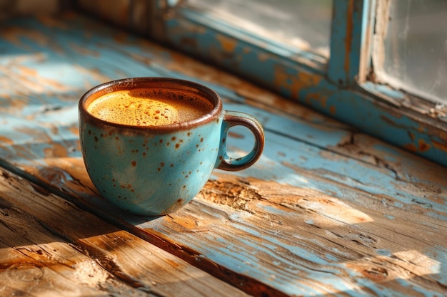 Una taza de café en una mesa de madera