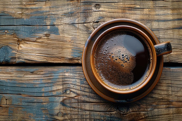 Una taza de café en una mesa de madera