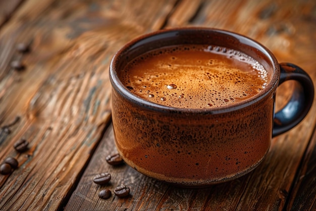 Una taza de café en una mesa de madera