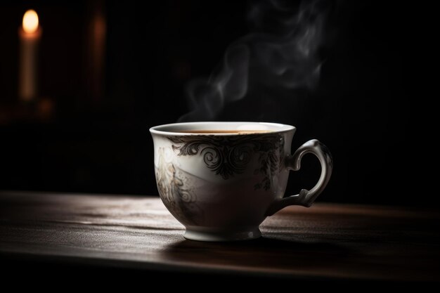 Taza de café mesa oscura Menú arriba Generar Ai