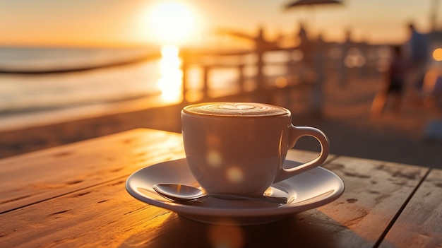 Foto una taza de café en una mesa con una puesta de sol de fondo arte generativo con ia