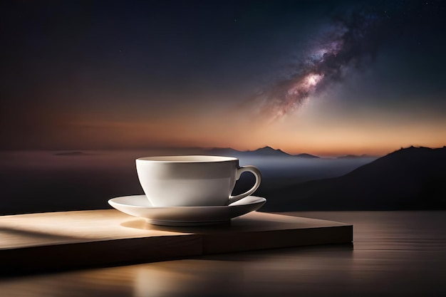 una taza de café en una mesa con una puesta de sol en el fondo