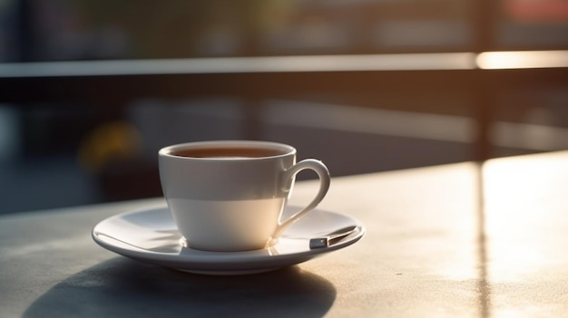 Una taza de café en una mesa con el sol brillando sobre ella