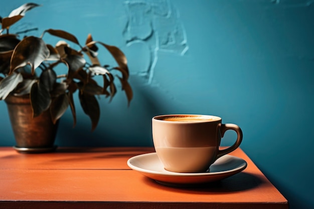 Taza de café en la mesa con sombras en la luz del sol de la mañana Interior minimalista estético en tonos rojos y azules