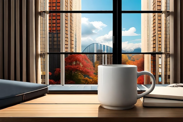 Una taza de café en una mesa con una ventana al fondo Generative Ai