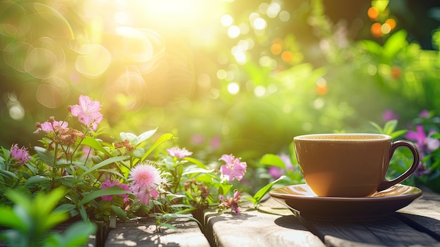 Taza de café en la mesa de verano en la terraza del jardín Concepto de fondo