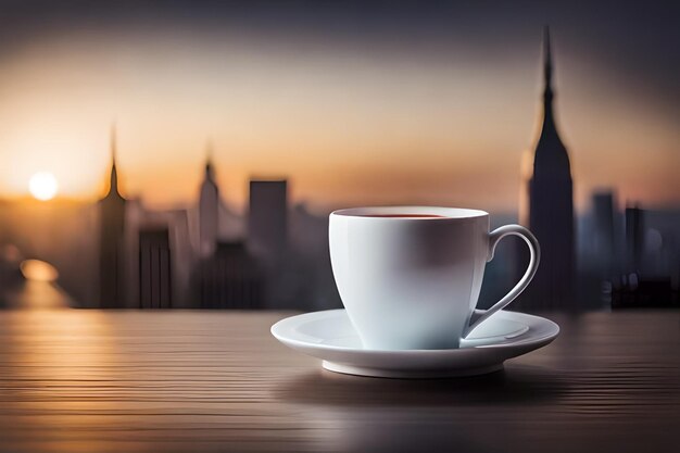 una taza de café en una mesa con una vista del horizonte de la ciudad en el fondo