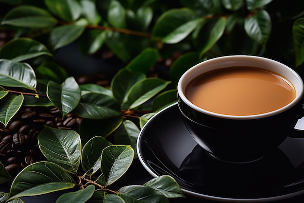 Taza de café de mezcla adornada con acentos de la naturaleza elaborada por IA generativa