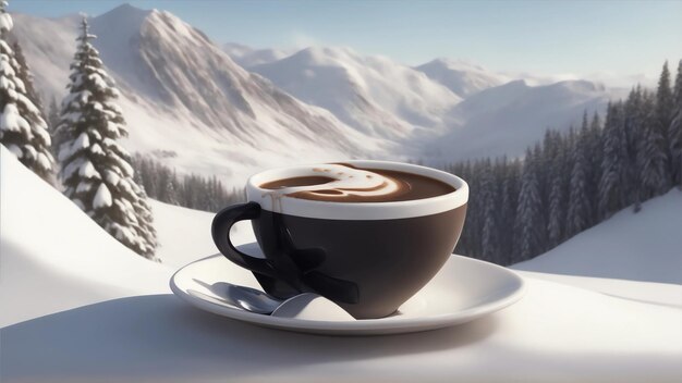 Una taza de café con una montaña nevada al fondo