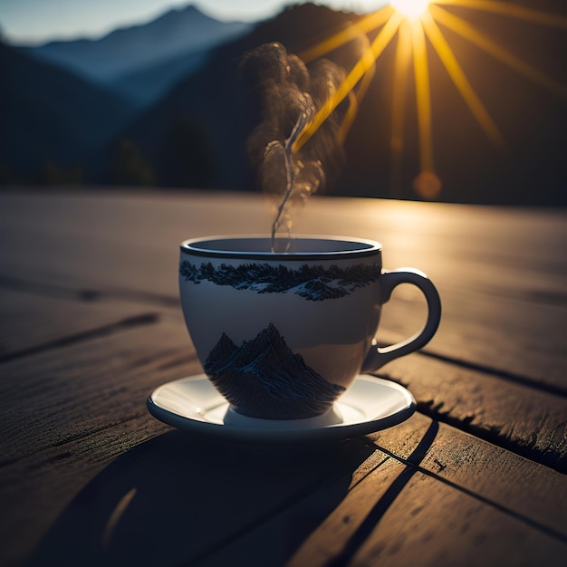 Taza de café con montaña con sol de fondo