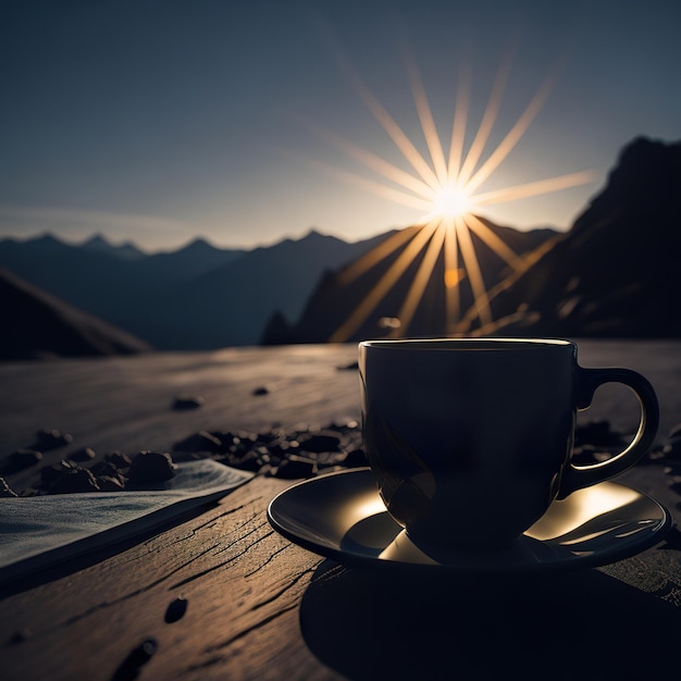 Taza de café con montaña con sol de fondo