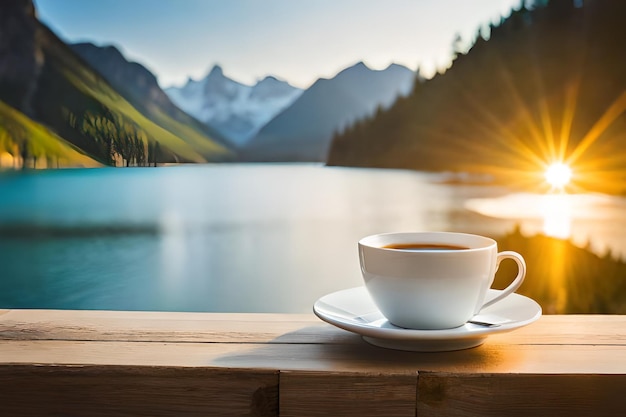 Una taza de café con montañas al fondo.