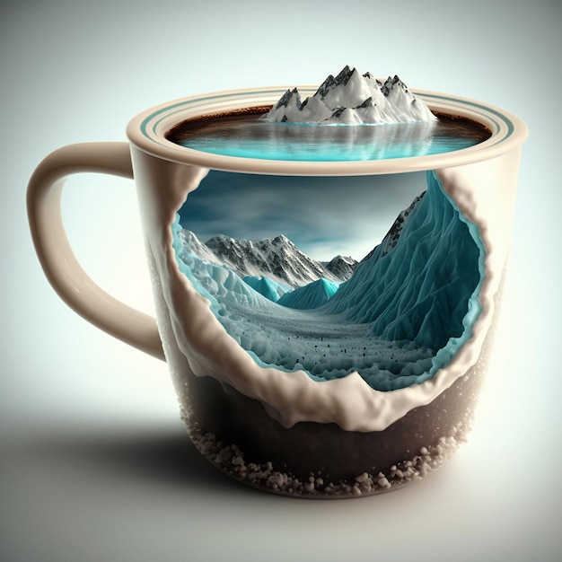 Una taza de café con montañas y un lago en su interior.