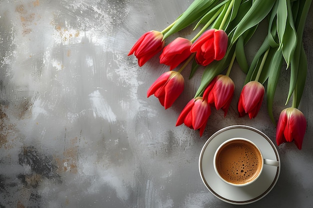 Una taza de café y un montón de tulipanes rojos en una mesa con una cuchara y una taza de cafe