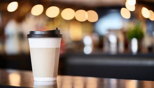 Foto taza de café en el mostrador con fondo de cafetería ideal para maquetas de diseño de cafeterías