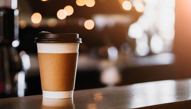 Foto taza de café en el mostrador con fondo de cafetería ideal para maquetas de diseño de cafeterías