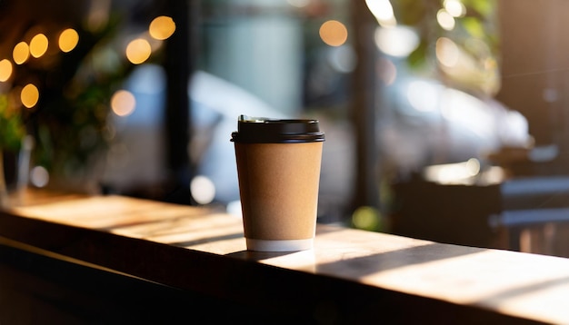 Foto taza de café en el mostrador con fondo de cafetería ideal para maquetas de diseño de cafeterías