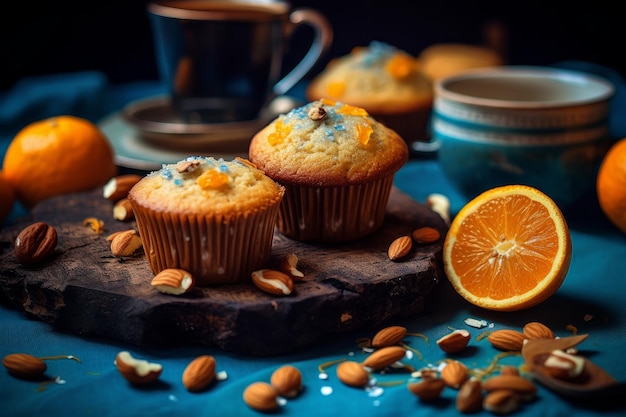 Una taza de café y muffins en una mesa de fondo azul.