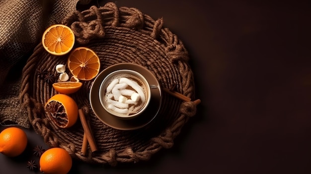 Una taza de café con naranjas y palitos de canela en un plato