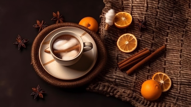 Una taza de café con naranjas y palitos de canela sobre una mesa