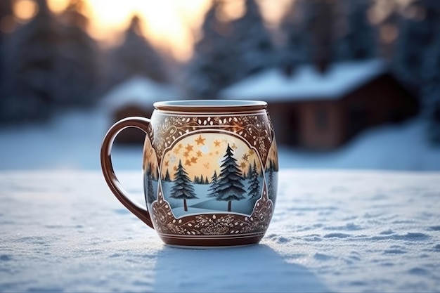 Taza de café de Navidad decorada con paisaje de bosque de invierno y nieve IA generativa