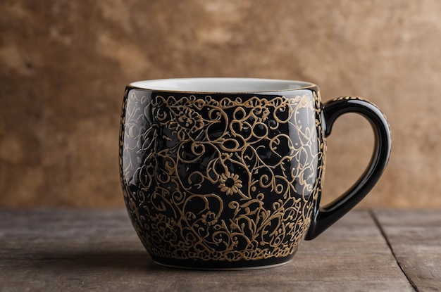 una taza de café negra y dorada con un diseño en el lado