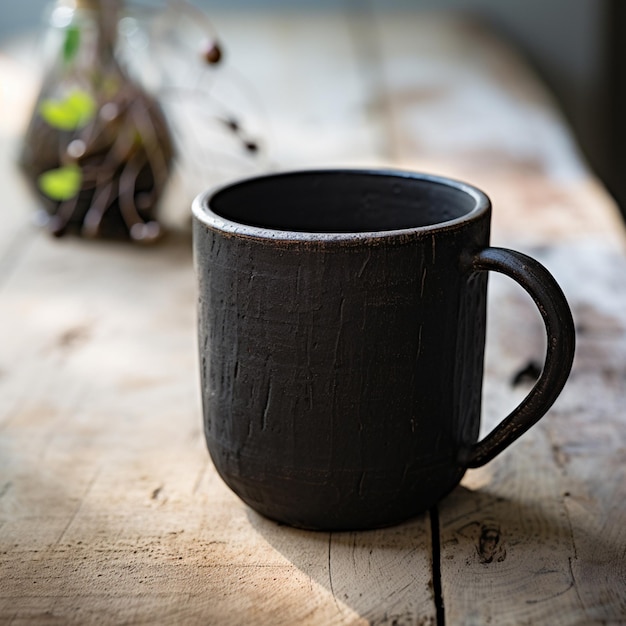 La taza de café negra es de cerámica elegante