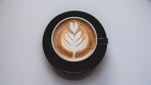 Taza de café negra de latte artístico con espuma en forma de tulipán aislada sobre un fondo blanco