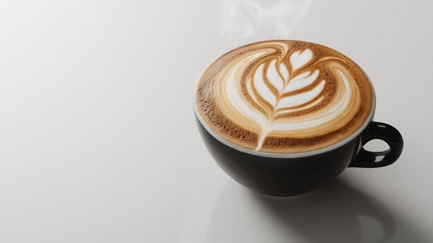 Taza de café negra de latte artístico con espuma en forma de tulipán aislada sobre un fondo blanco